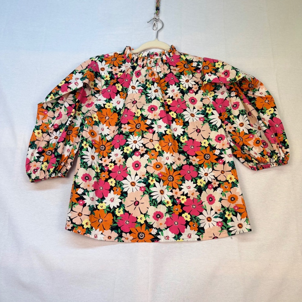 Karlie Floral Ruffle Neck Puff Sleeve Cotton Blouse Pink Orange Multi Small